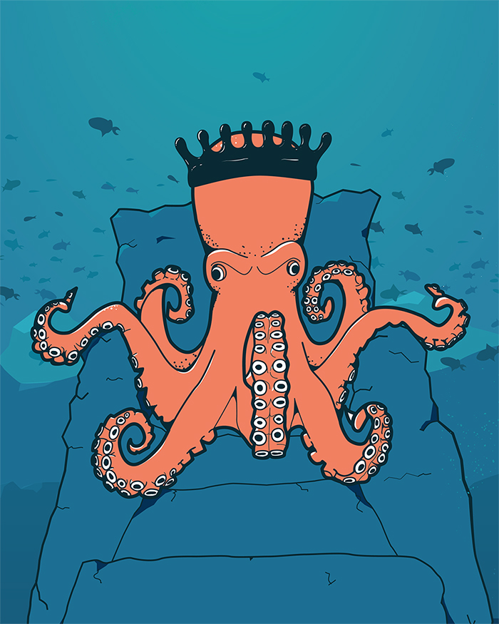 Illustration of an octopus on a rock throne wearing a crown