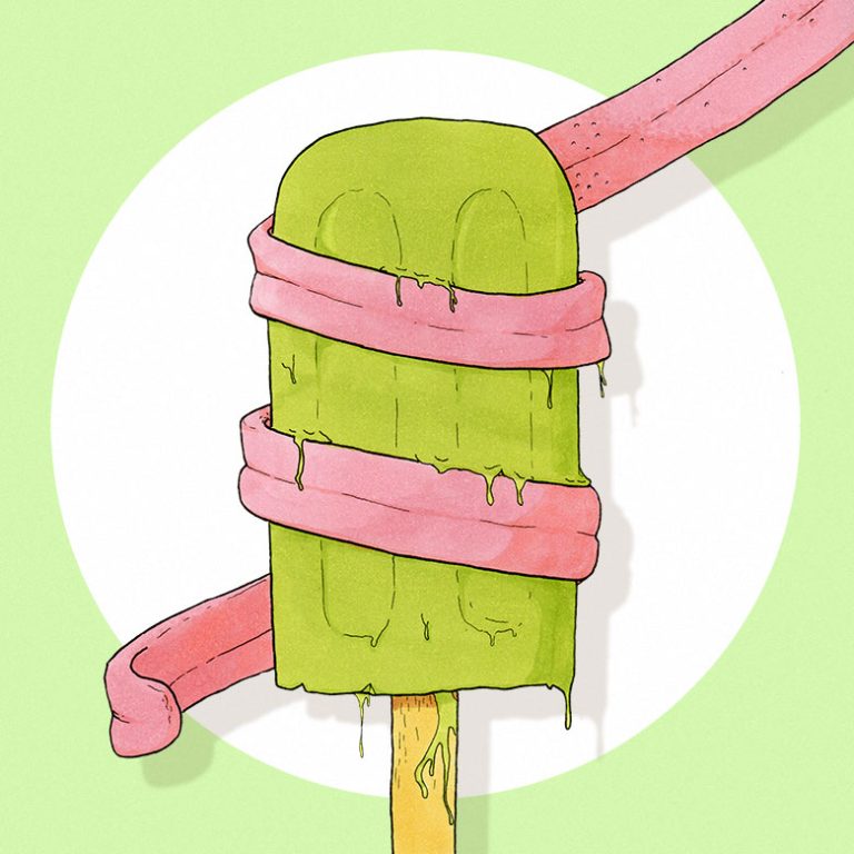 Illustration of a tounge wrapped around a green, melting ice lolly